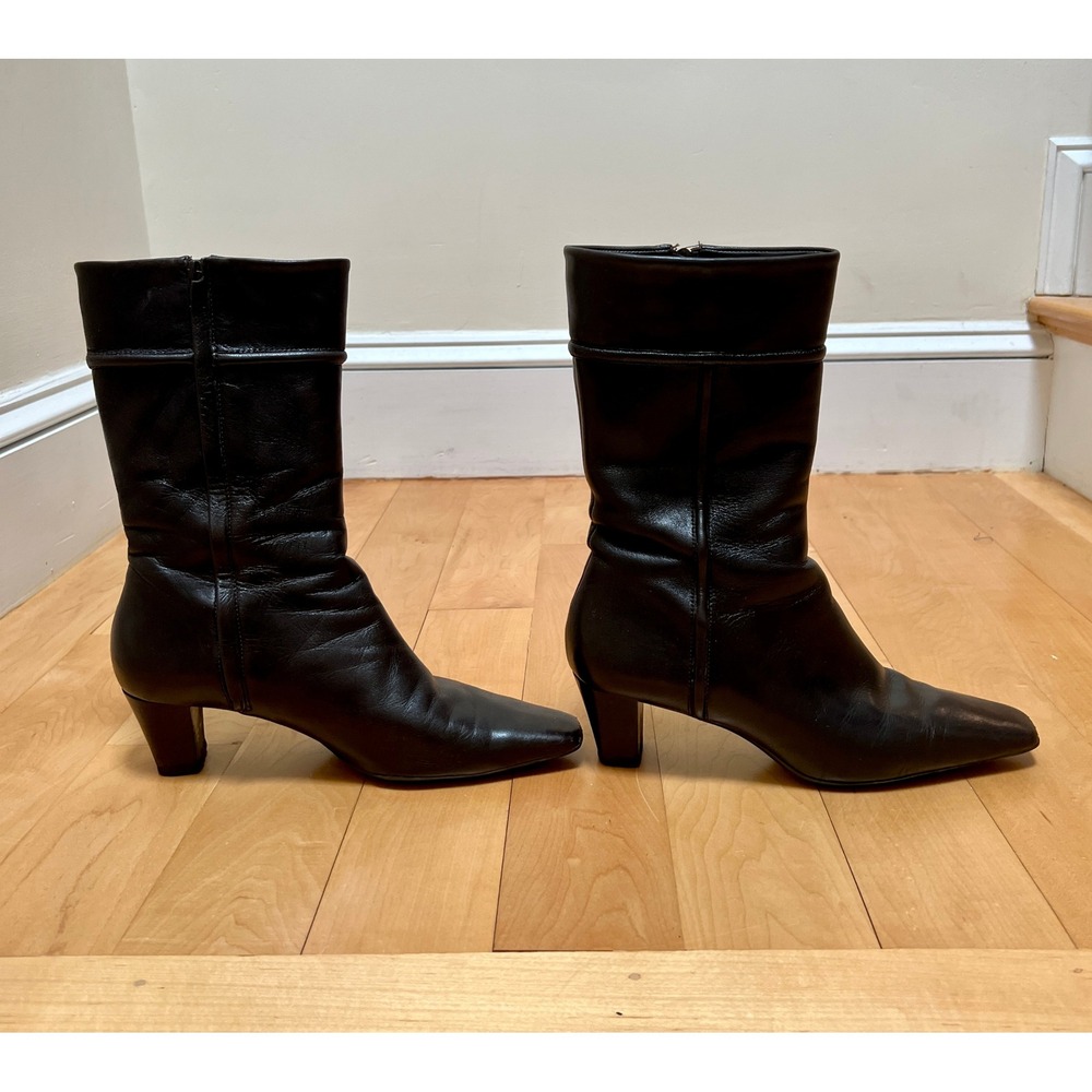 Cole Haan Boots Women 8 Dark Brown Leather Square Toe Block Heel Mid-Calf
